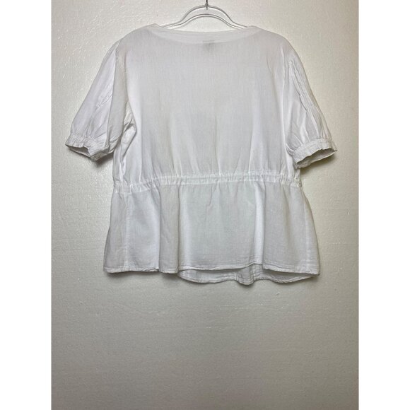 White Short-Sleeve Peplum Blouse 100% Medium Cotton Casual Top Boho Shirt Casual - Picture 3 of 4